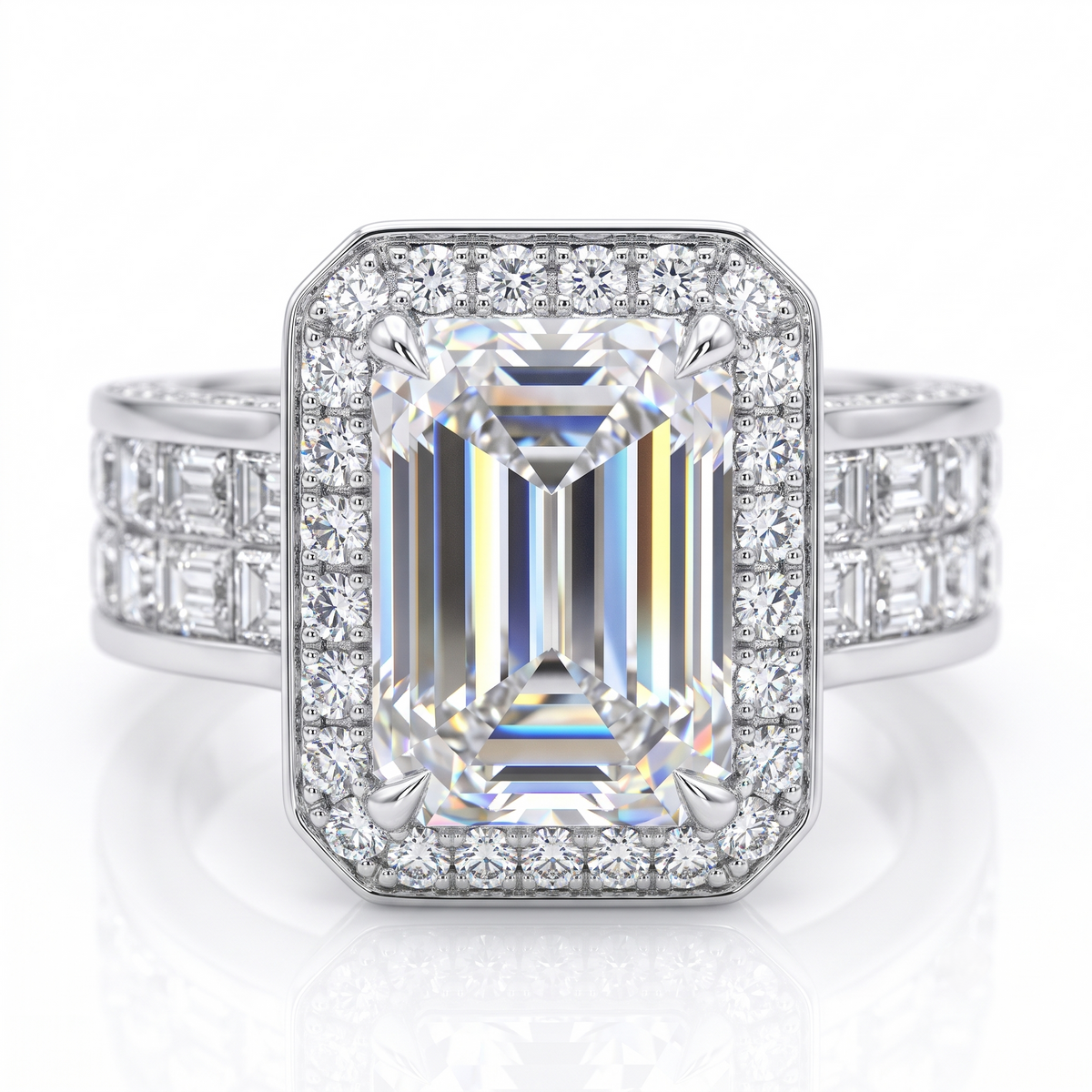 An emerald cut halo ring featuring a large central diamond surrounded by a double halo of smaller round and baguette diamonds, set in a silver colored metal band on a white background