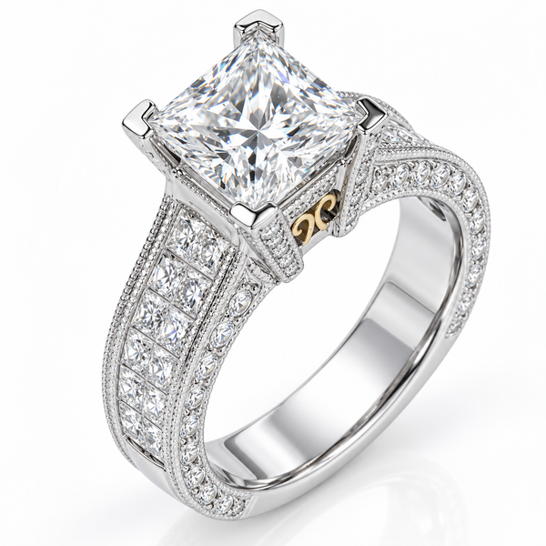 Invisible Set Princess Cut with Side Pave' Art-Deco