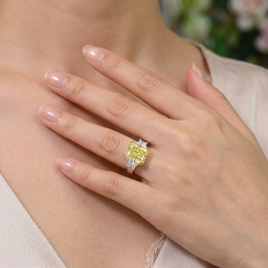 7.70 Ctw. Lab Grown Elongated Yellow Radiant Cut 3-Stone Diamond Ring VVS2 IGI Certified