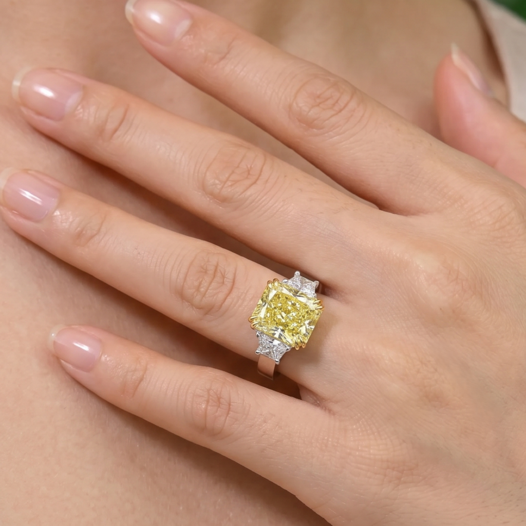 7.70 Ctw. Lab Grown Elongated Yellow Radiant Cut 3-Stone Diamond Ring VVS2 IGI Certified