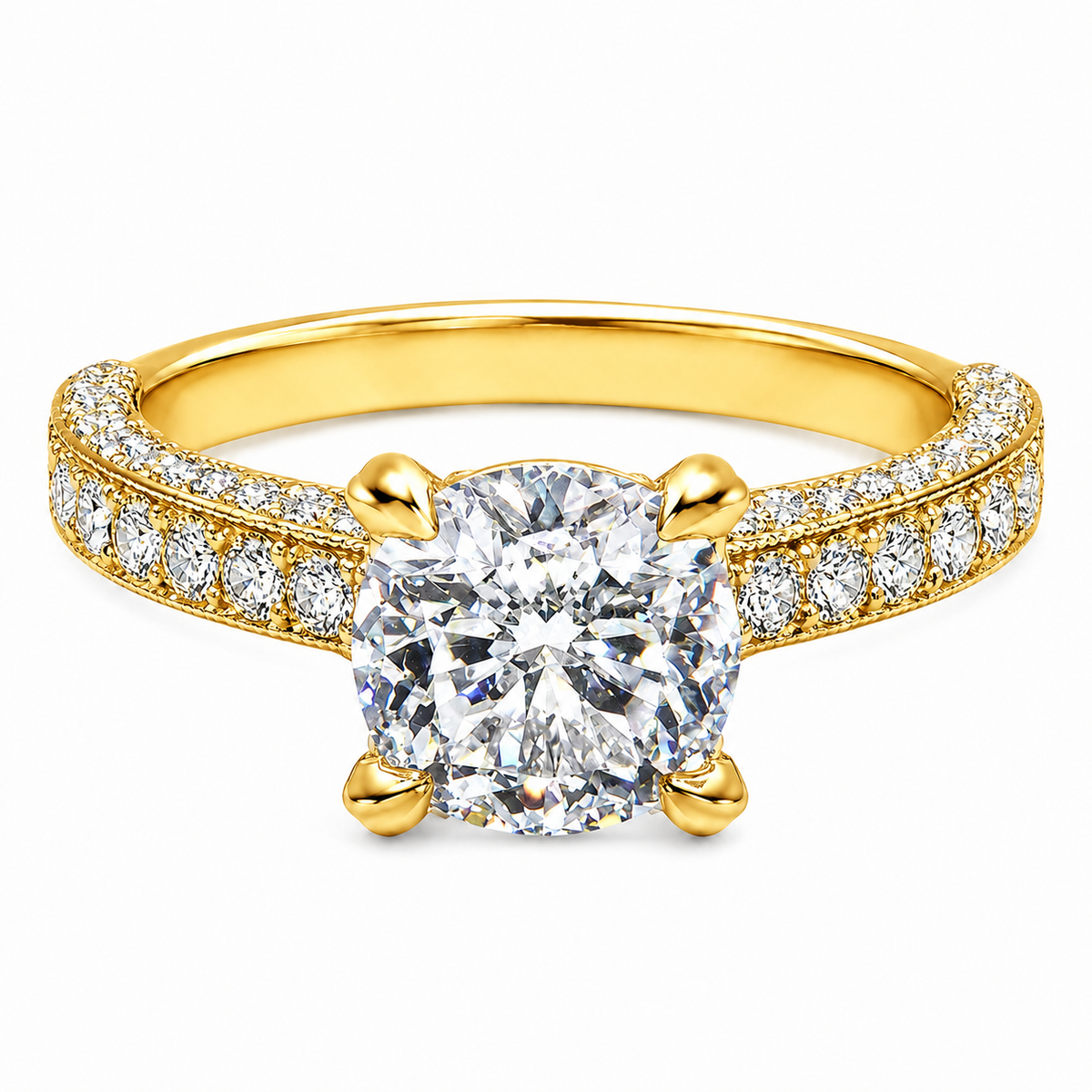 Gold pavé engagement ring with brilliant diamond