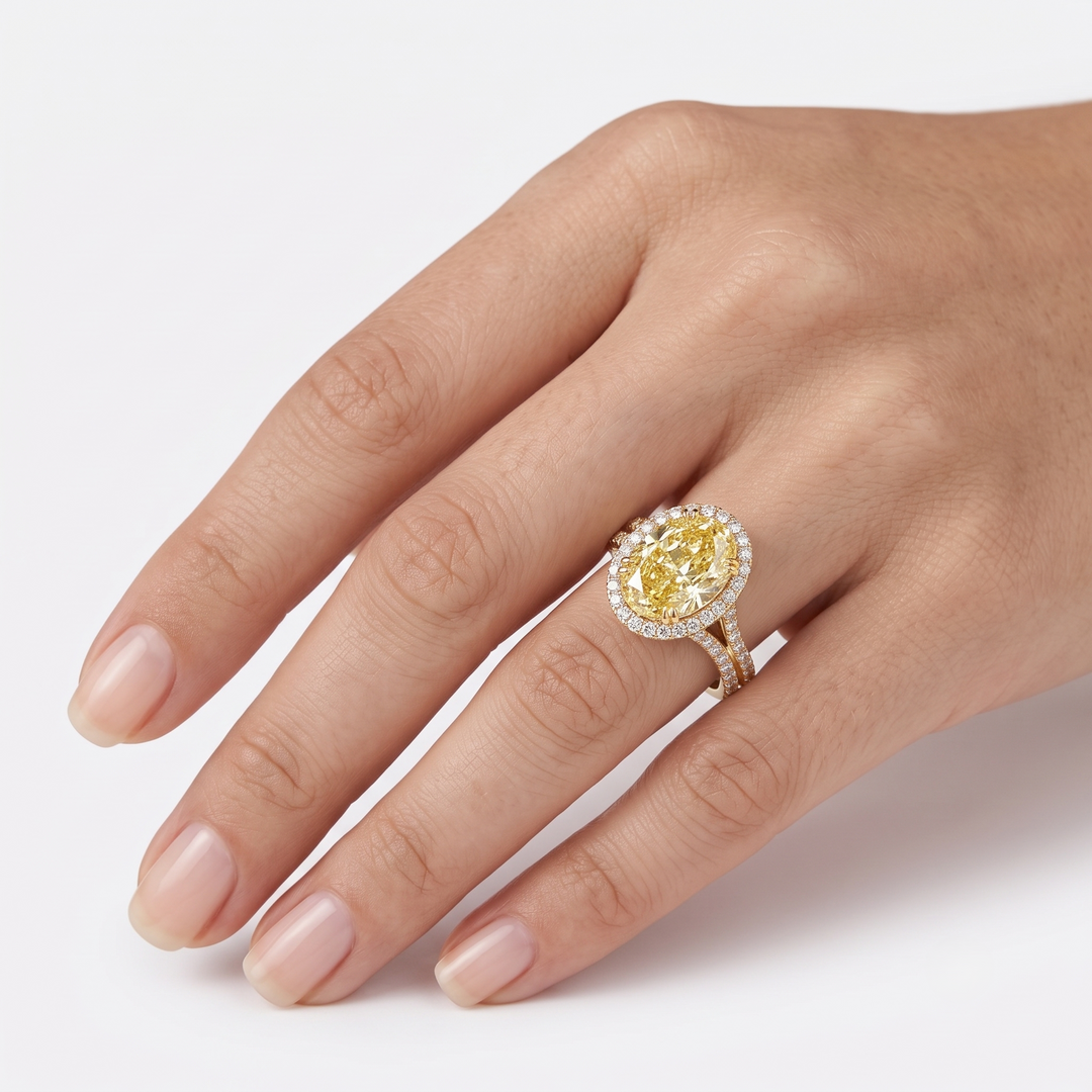 4.10 Ctw. Halo Canary Fancy Light yellow Oval Split Shank Ring VS1 GIA Certified