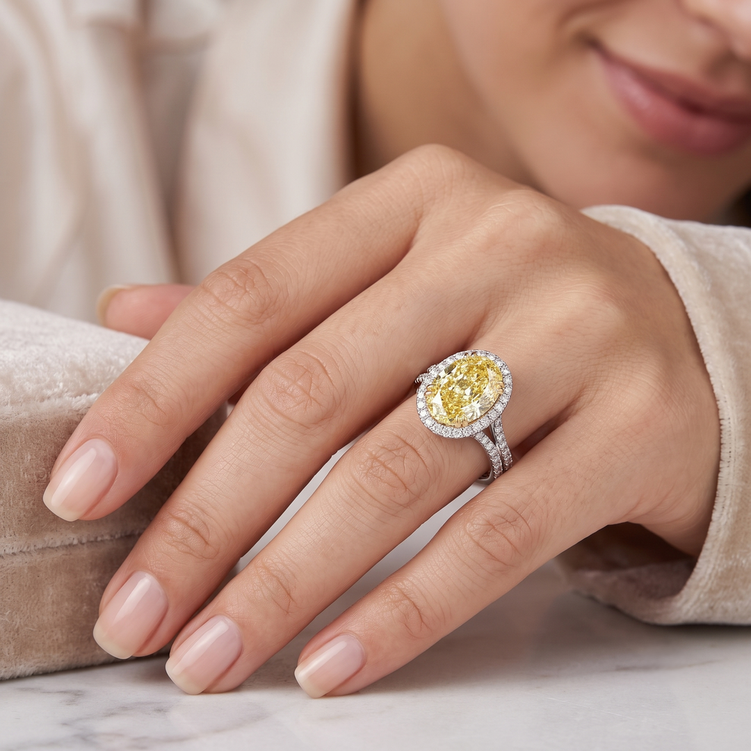 4.10 Ctw. Halo Canary Fancy Light yellow Oval Split Shank Ring VS1 GIA Certified