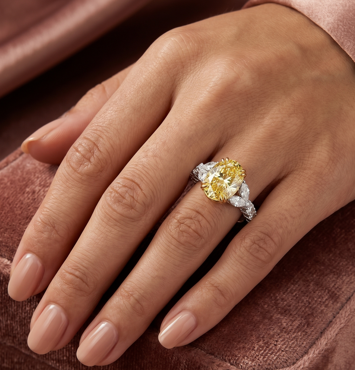Lab grown yellow oval cut with marquise & round diamond ring vvs2 igi certified