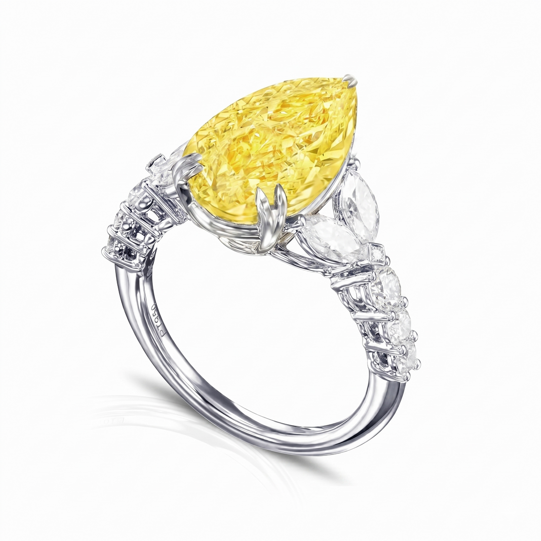 4.15 Ctw Fancy Light Yellow Pear Cut, Marquise & Round Diamond Ring VS1 GIA