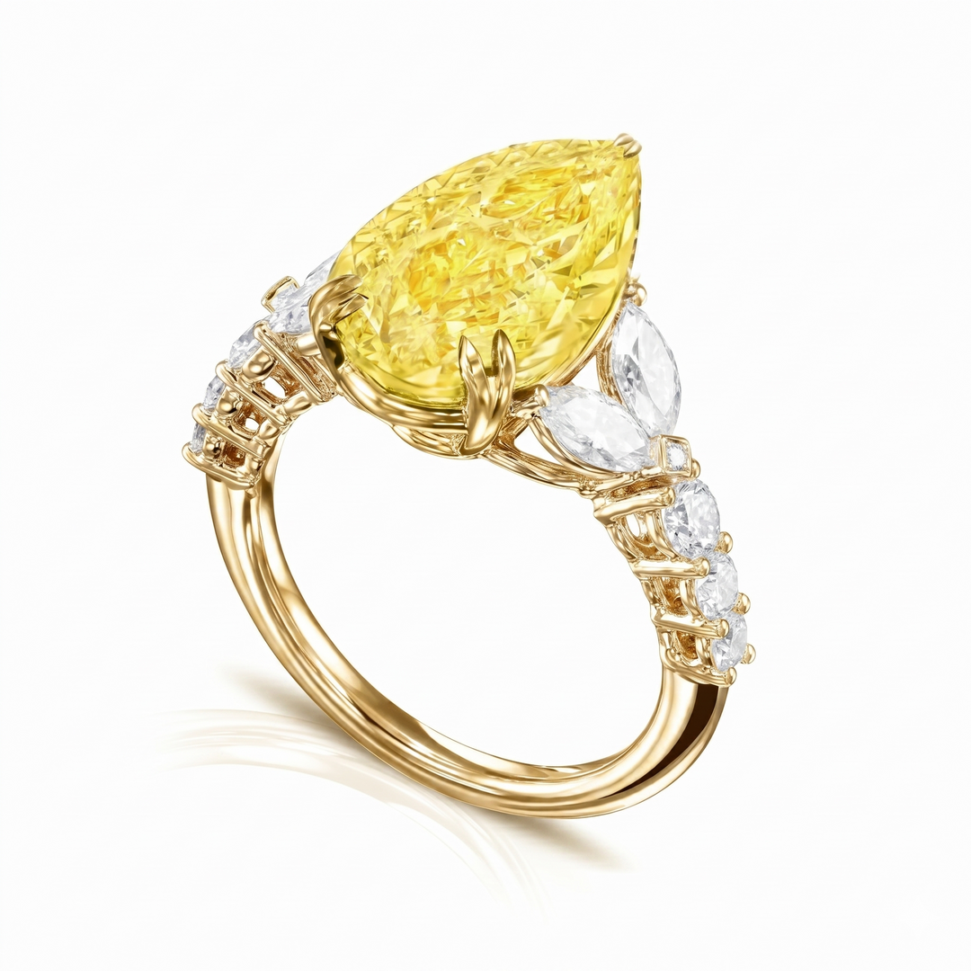 4.15 Ctw Fancy Light Yellow Pear Cut, Marquise & Round Diamond Ring VS1 GIA
