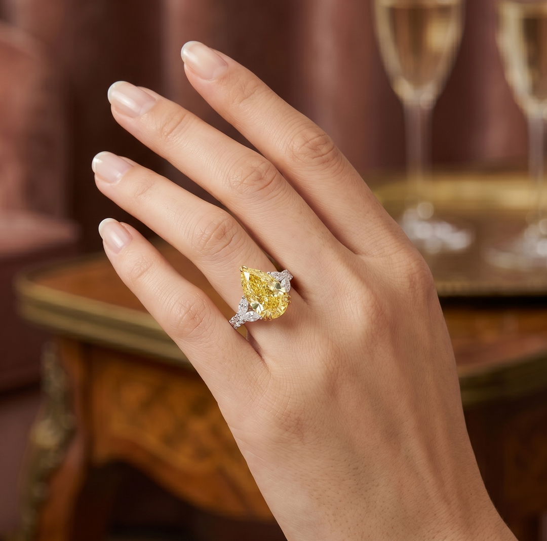 4.15 Ctw Fancy Light Yellow Pear Cut, Marquise & Round Diamond Ring VS1 GIA