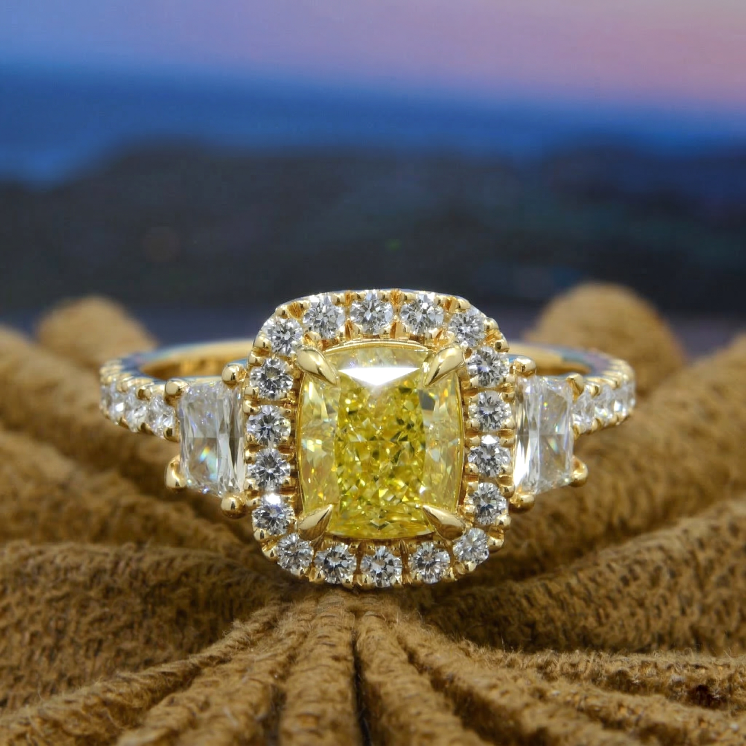 2.00 Ct Canary Fancy Yellow Cushion Halo & Trapezoids Diamond Ring VVS2 GIA Certified