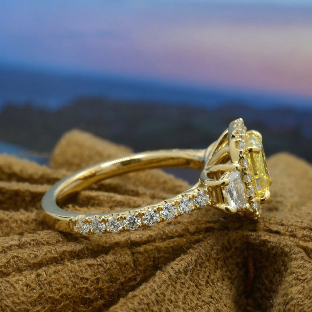 2.00 Ct Canary Fancy Yellow Cushion Halo & Trapezoids Diamond Ring VVS2 GIA Certified