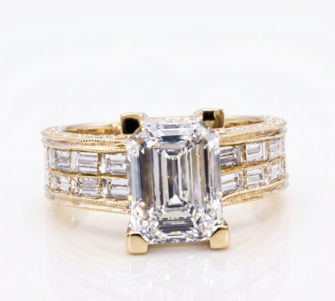 5.20 Ct. Emerald Cut Vintage Art-Deco Diamond Ring F Color VS1 GIA Certified
