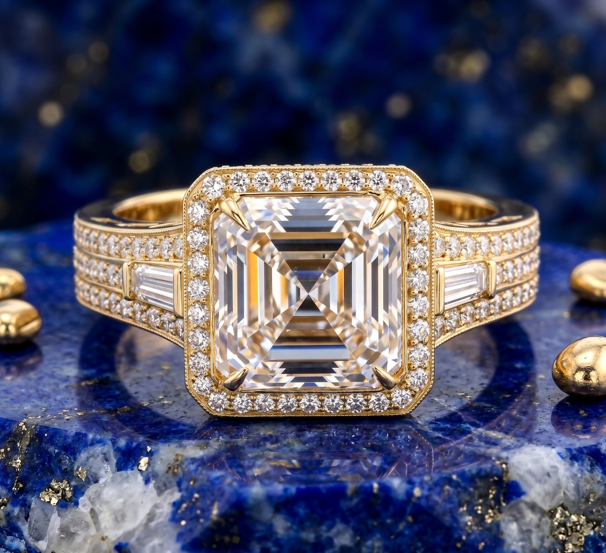 Asscher_and_baguettes_halo_wide_shank_front_view_yellow