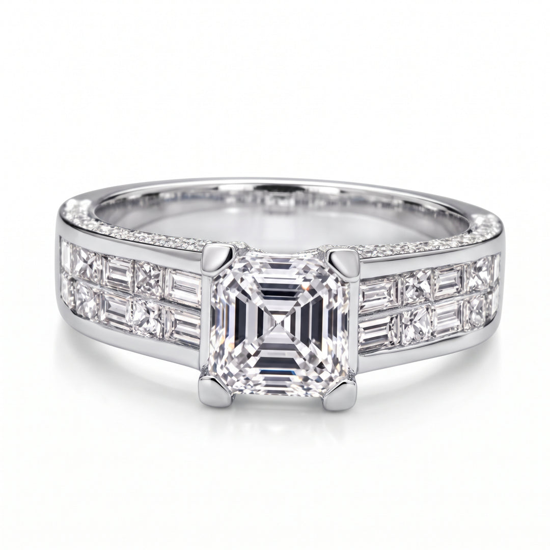Asscher Cut Wide shank Invisible set Ring F Color VS1 GIA Certified (2.50 Ct Center)