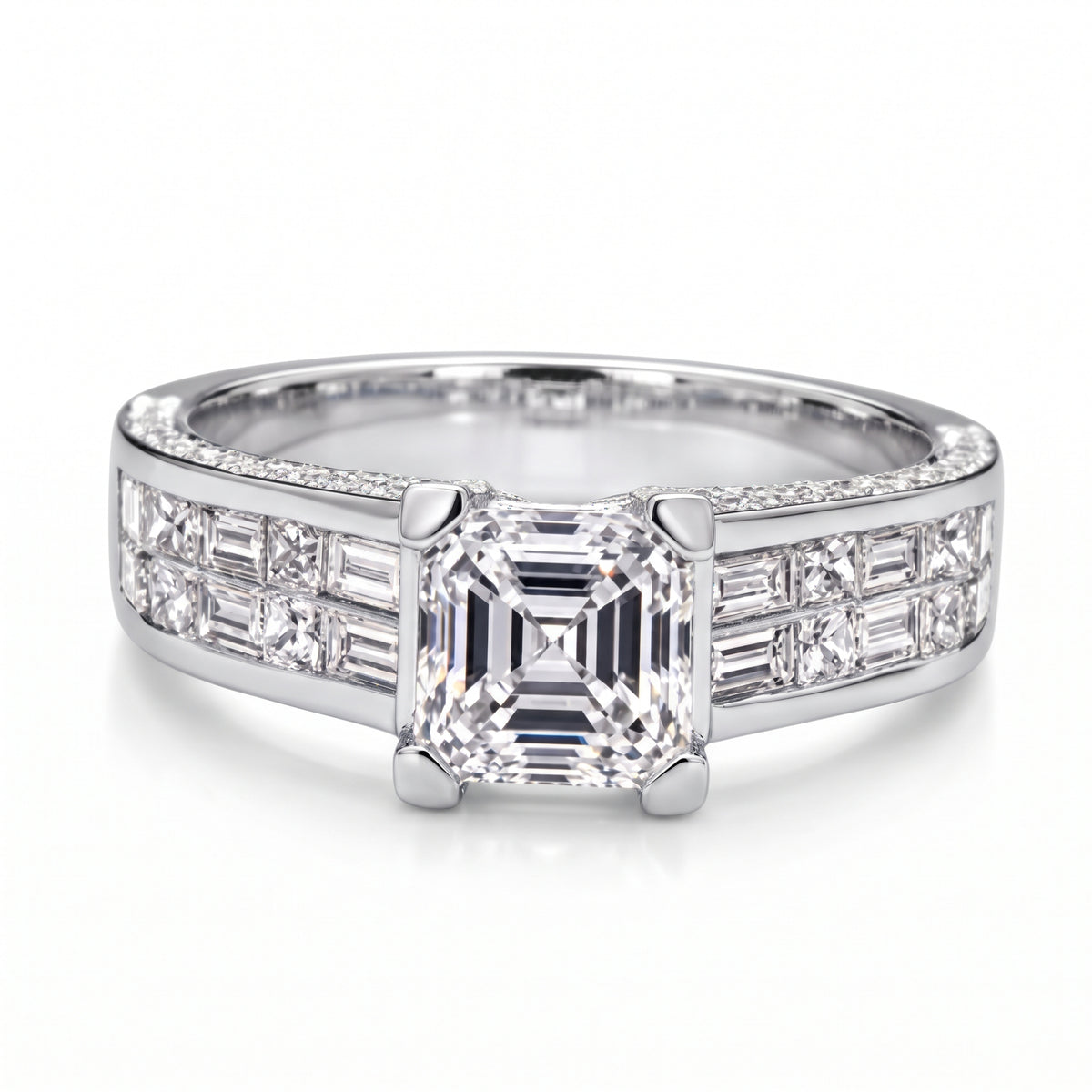 Asscher_cut_baguette_and_princess_cut_diamond_ring_with_side_pave_white_gold