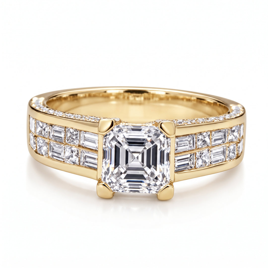 Asscher Cut Wide shank Invisible set Ring F Color VS1 GIA Certified (2.50 Ct Center)