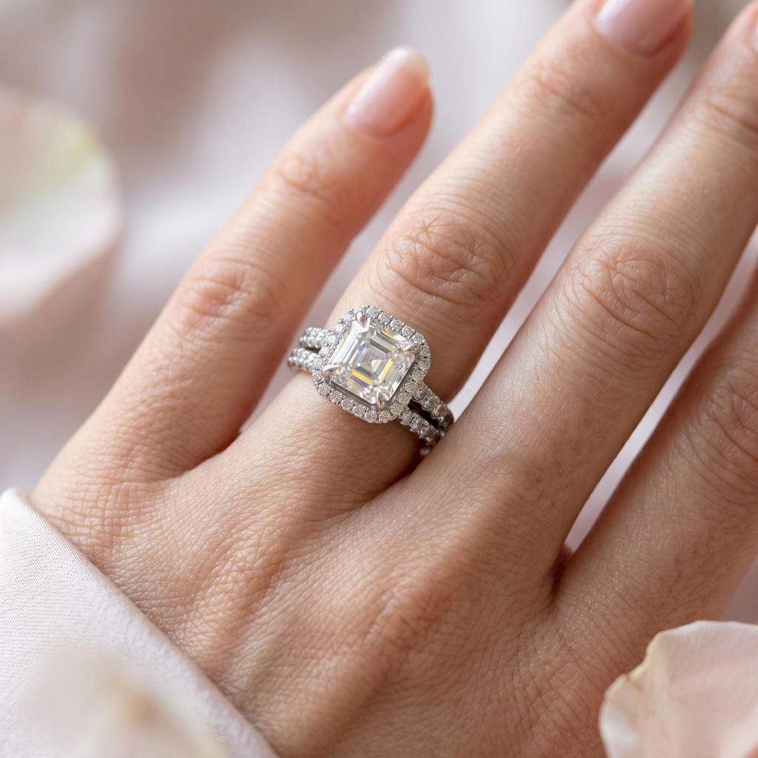 3.10 Ctw Halo Asscher Cut Ring & Matching Band G Color VS1 GIA Certified