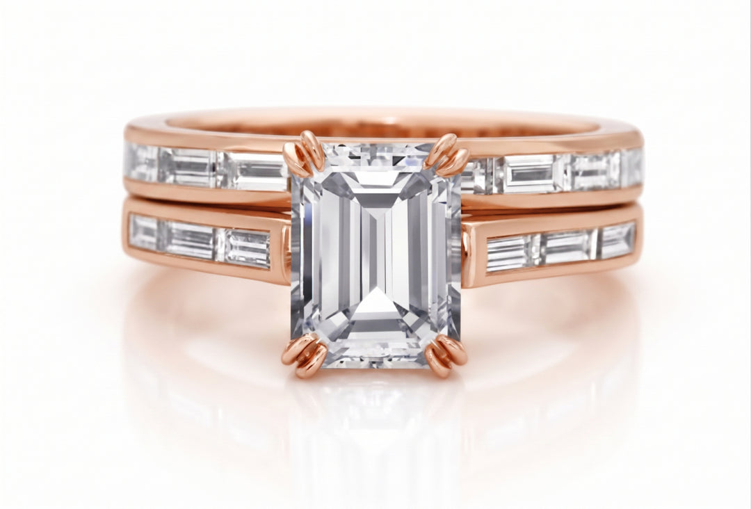 2.90 Ctw Baguettes & Emerald Cut Diamond Ring Set H Color VVS2 GIA Certified