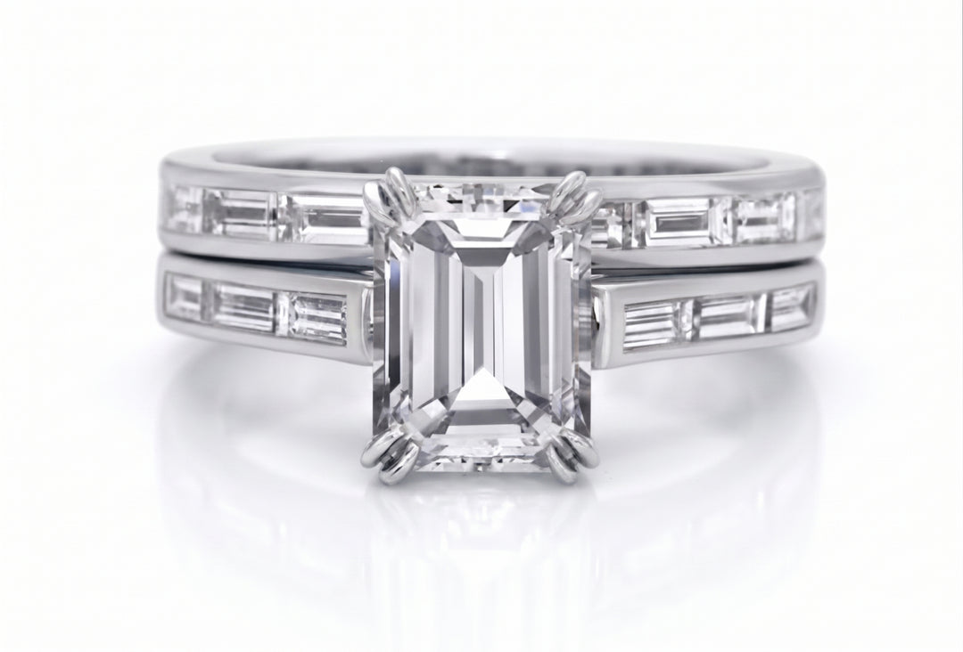 2.90 Ctw Baguettes & Emerald Cut Diamond Ring Set H Color VVS2 GIA Certified