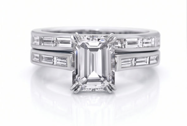 2.90 Ctw Baguettes & Emerald Cut Diamond Ring Set H Color VVS2 GIA Certified