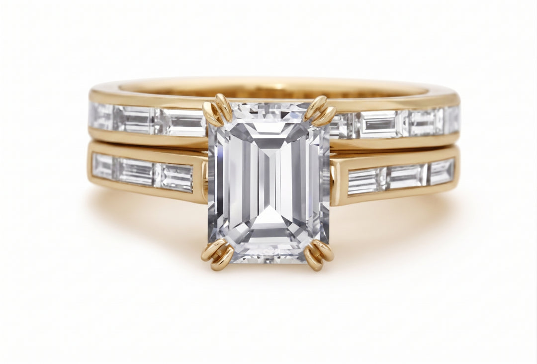 2.90 Ctw Baguettes & Emerald Cut Diamond Ring Set H Color VVS2 GIA Certified