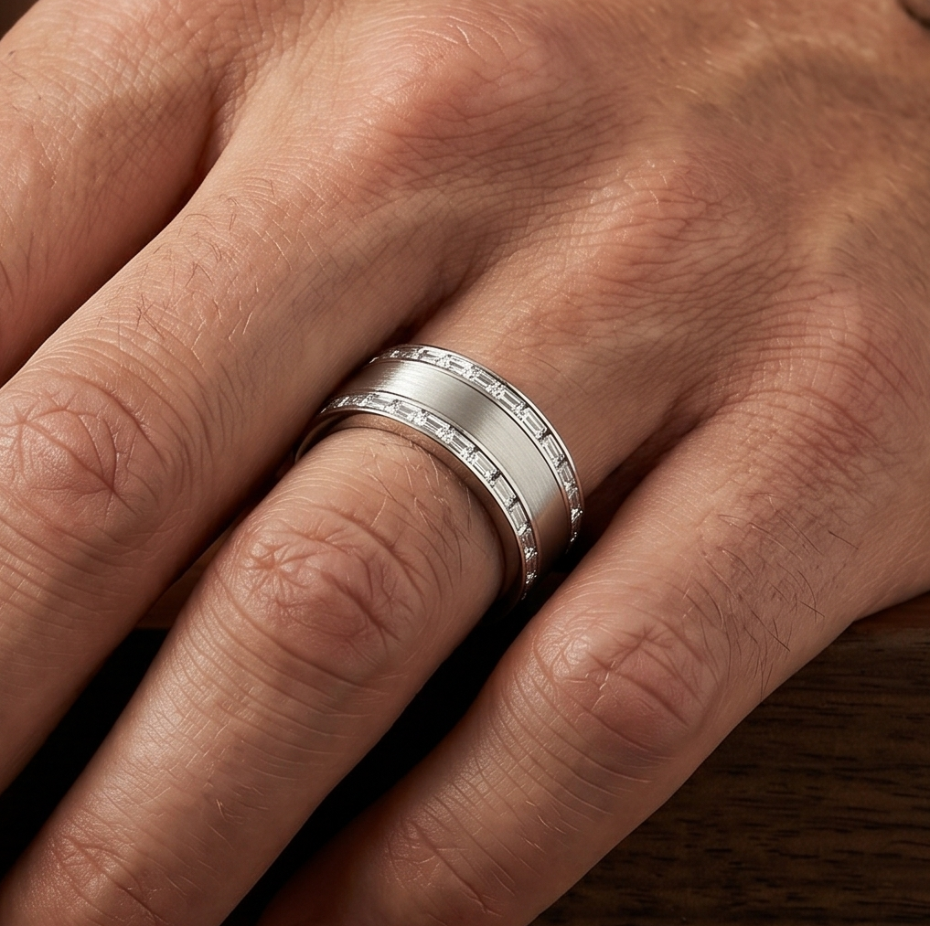 Men's channel set 2 row baguette diamond ring in white gold on model ring finger
