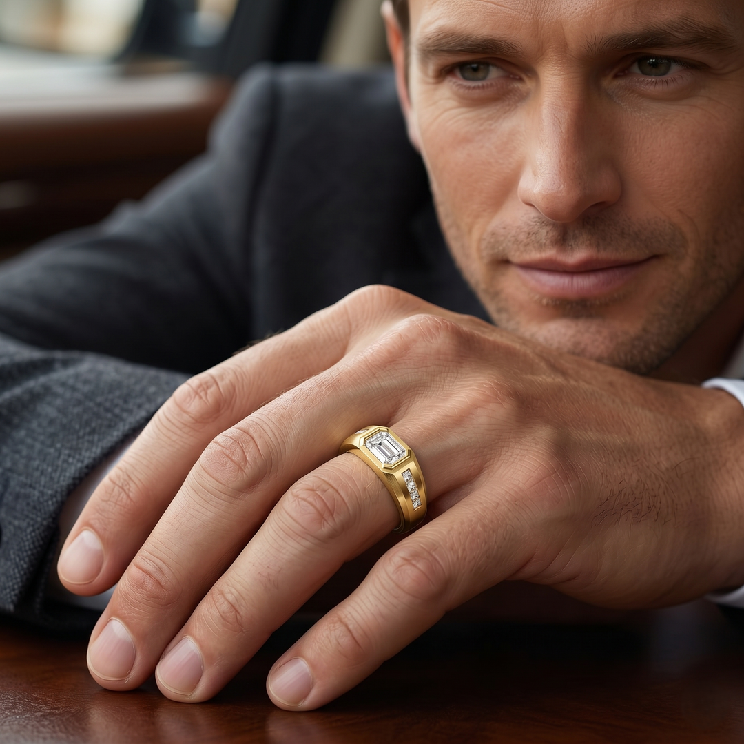 bezel emerald cut men's ring on a handsome model