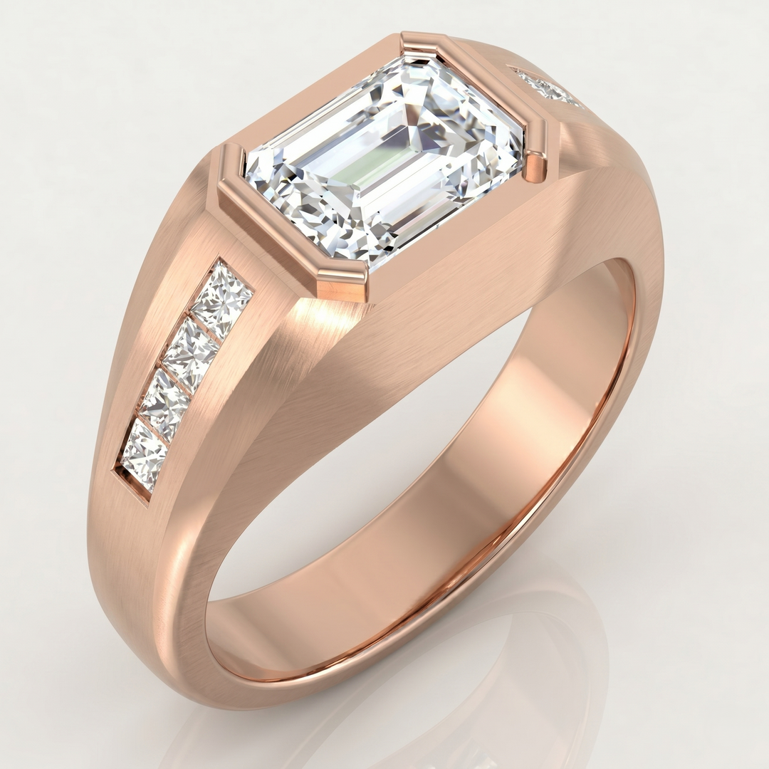 2.50 Ctw Emerald Cut Bezel Set with Princess Cut Men's Ring H Color VS2 GIA