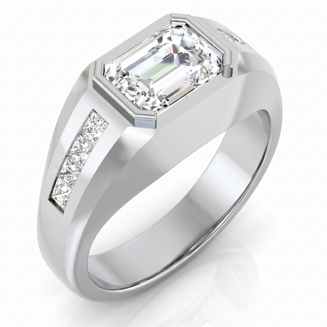 2.50 Ctw Emerald Cut Bezel Set with Princess Cut Men's Ring H Color VS2 GIA