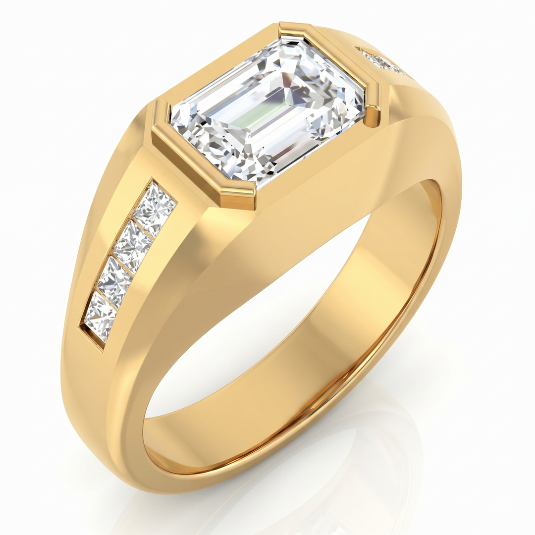 2.50 Ctw Emerald Cut Bezel Set with Princess Cut Men's Ring H Color VS2 GIA