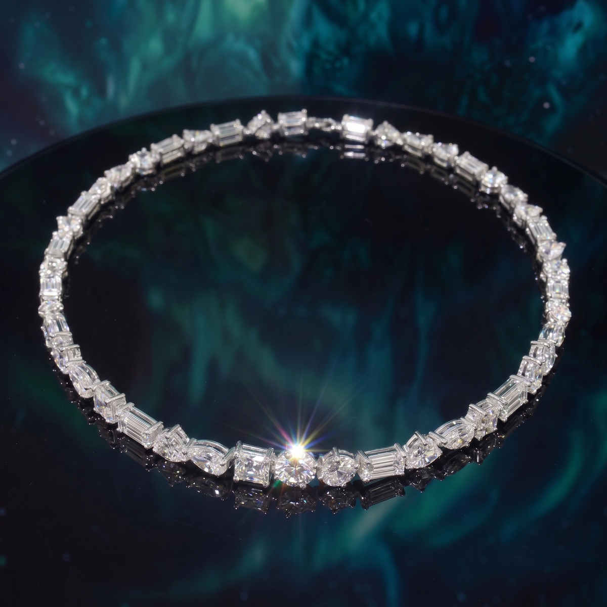 Brilliant top view mix shape tennis necklace round oval emerald heart pear princess cut
