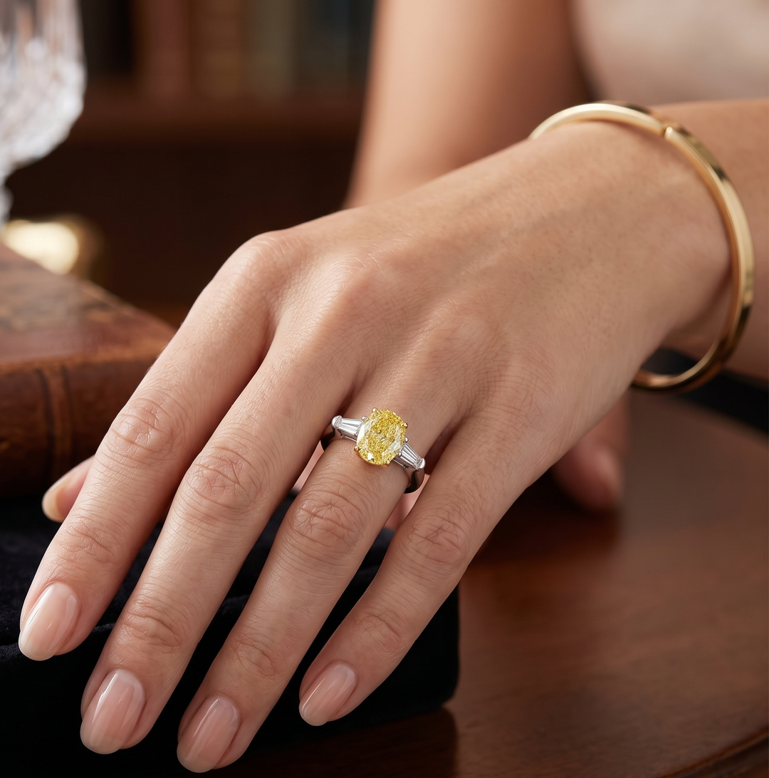 3.40 Ct. Oval Cut Canary Fancy Light Yellow Diamond Ring With Baguettes VS1 GIA Certified