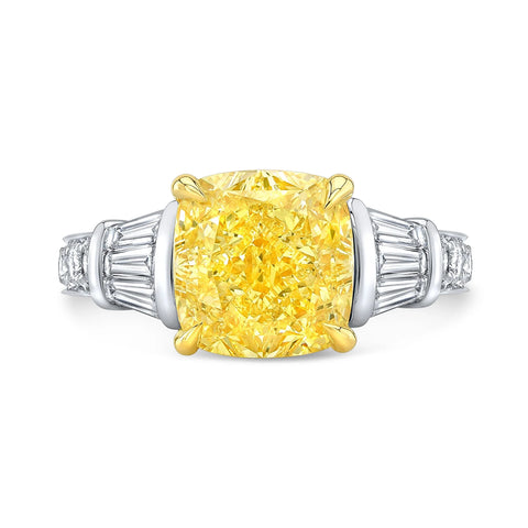 Lab Grown Yellow Cushion Cut, Baguette & Round Diamond Ring VVS2 IGI Certified