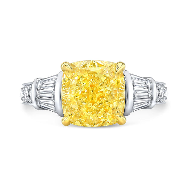 Lab Grown Yellow Cushion Cut, Baguette & Round Diamond Ring VVS2 IGI Certified