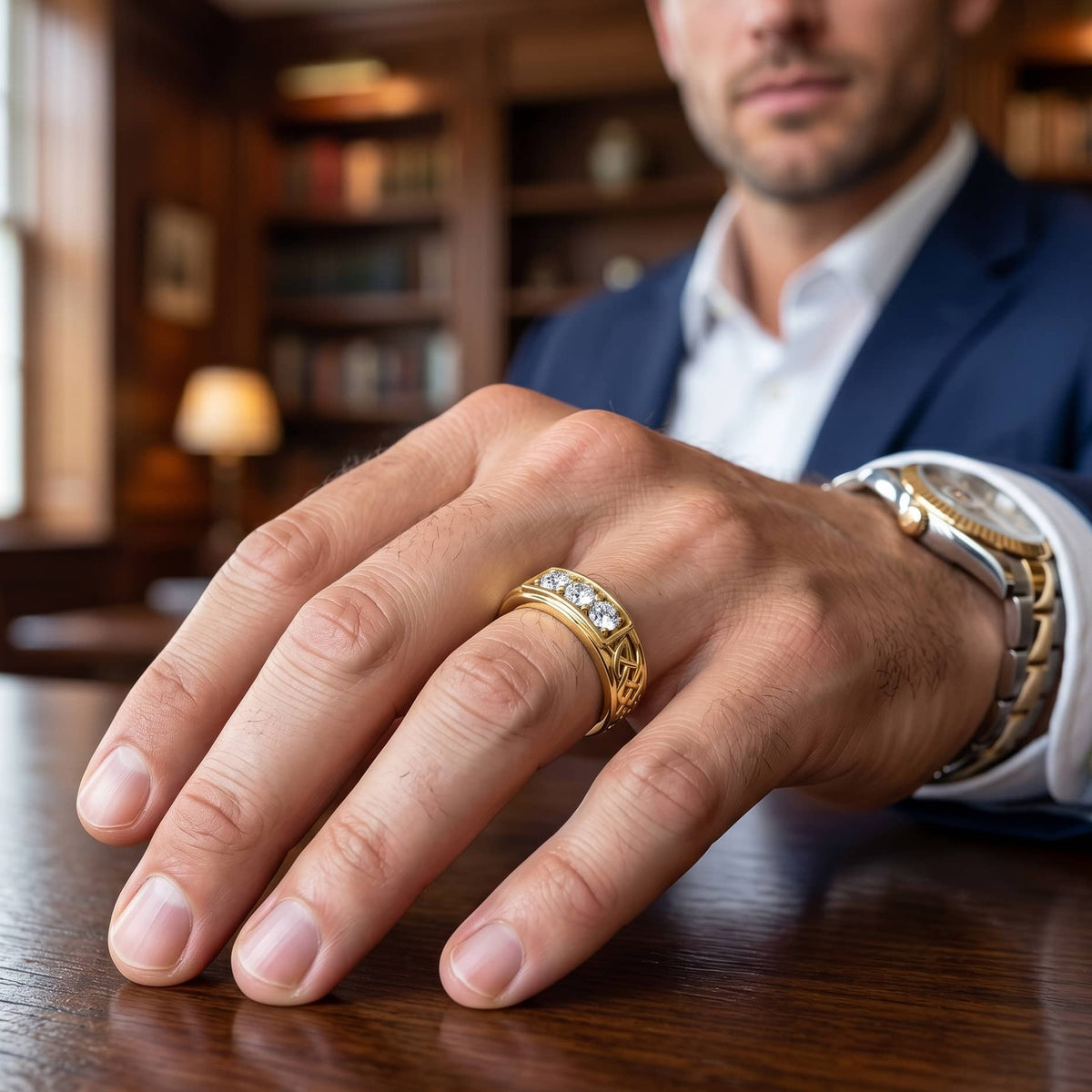 Celtic diamond ring for men on a model finger