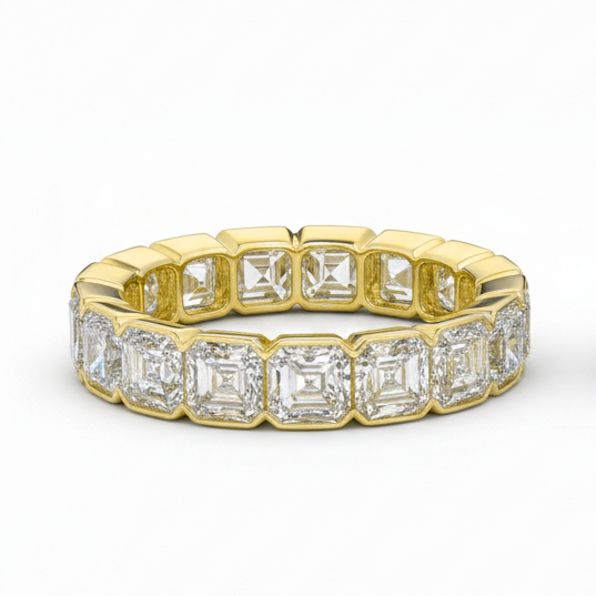 Half bezel set eternity band asscher cut (square emerald) in yellow gold