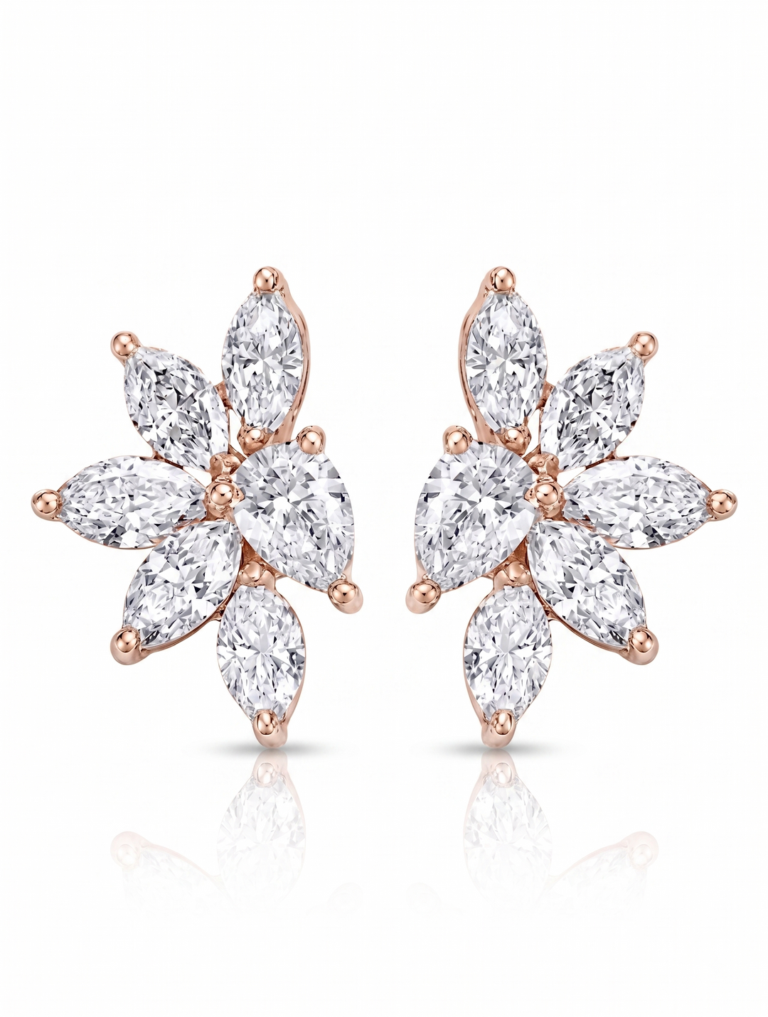 Cluster Marquise & Pear cut stud earrings in rose gold front view