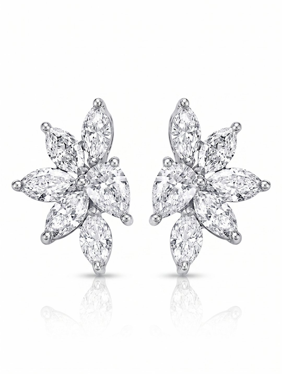 Cluster Marquise & Pear cut stud earrings in white gold front view