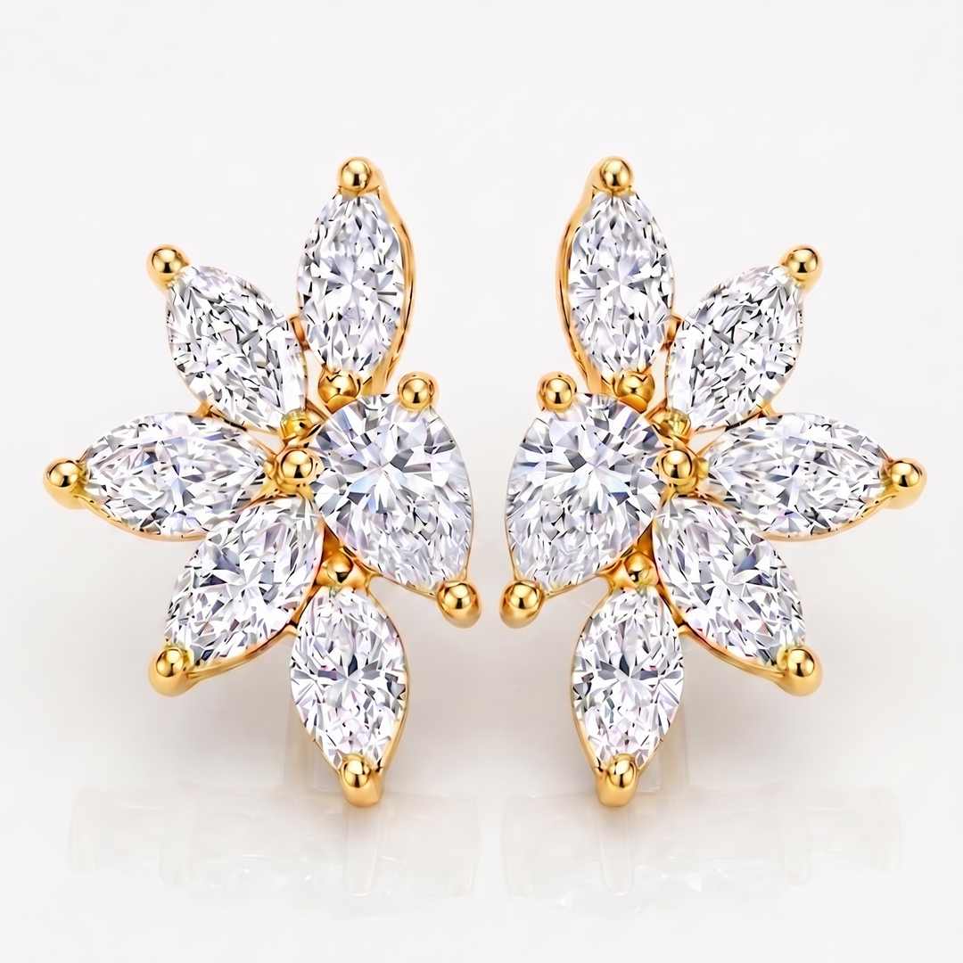 Cluster Marquise & Pear cut stud earrings in yellow gold