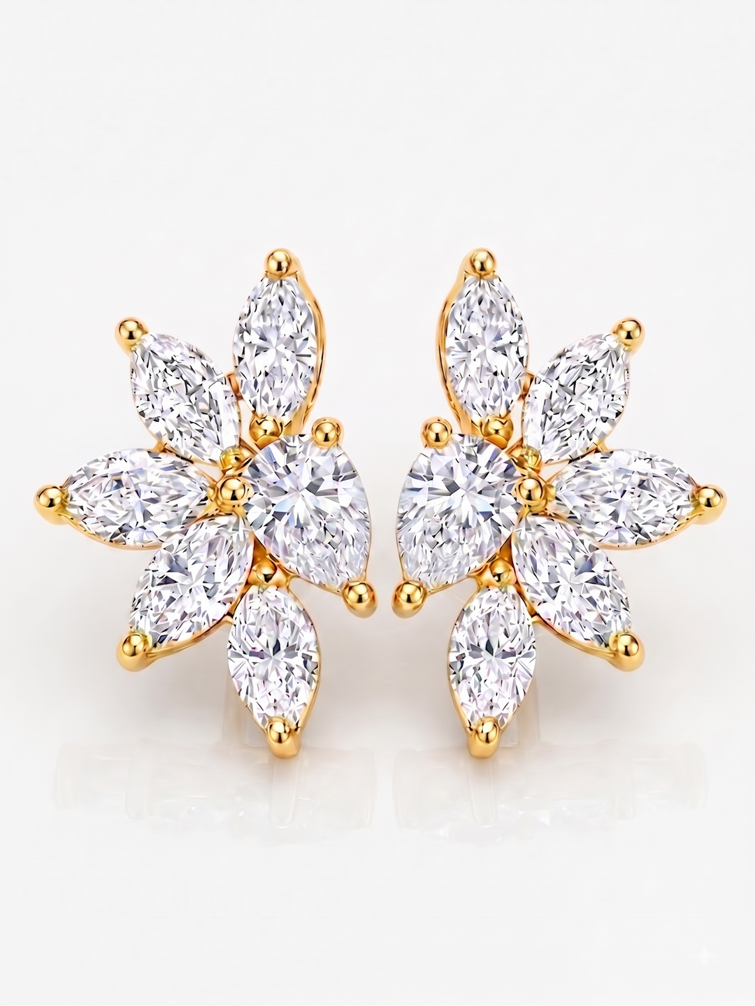 Cluster Marquise & Pear cut stud earrings in yellow gold front view