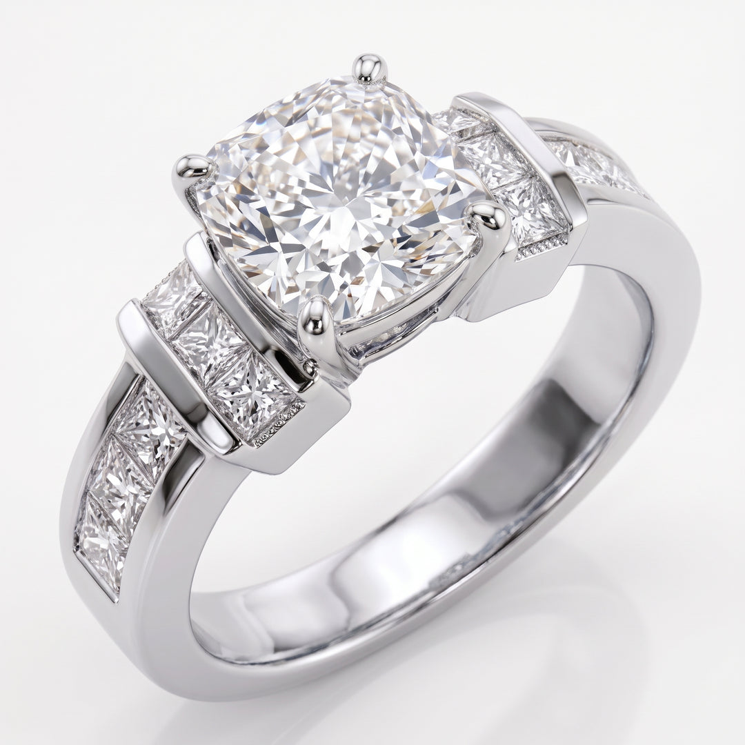 1.95 Ctw Cushion Cut Channel Diamond Ring E Color VS2 GIA Certified