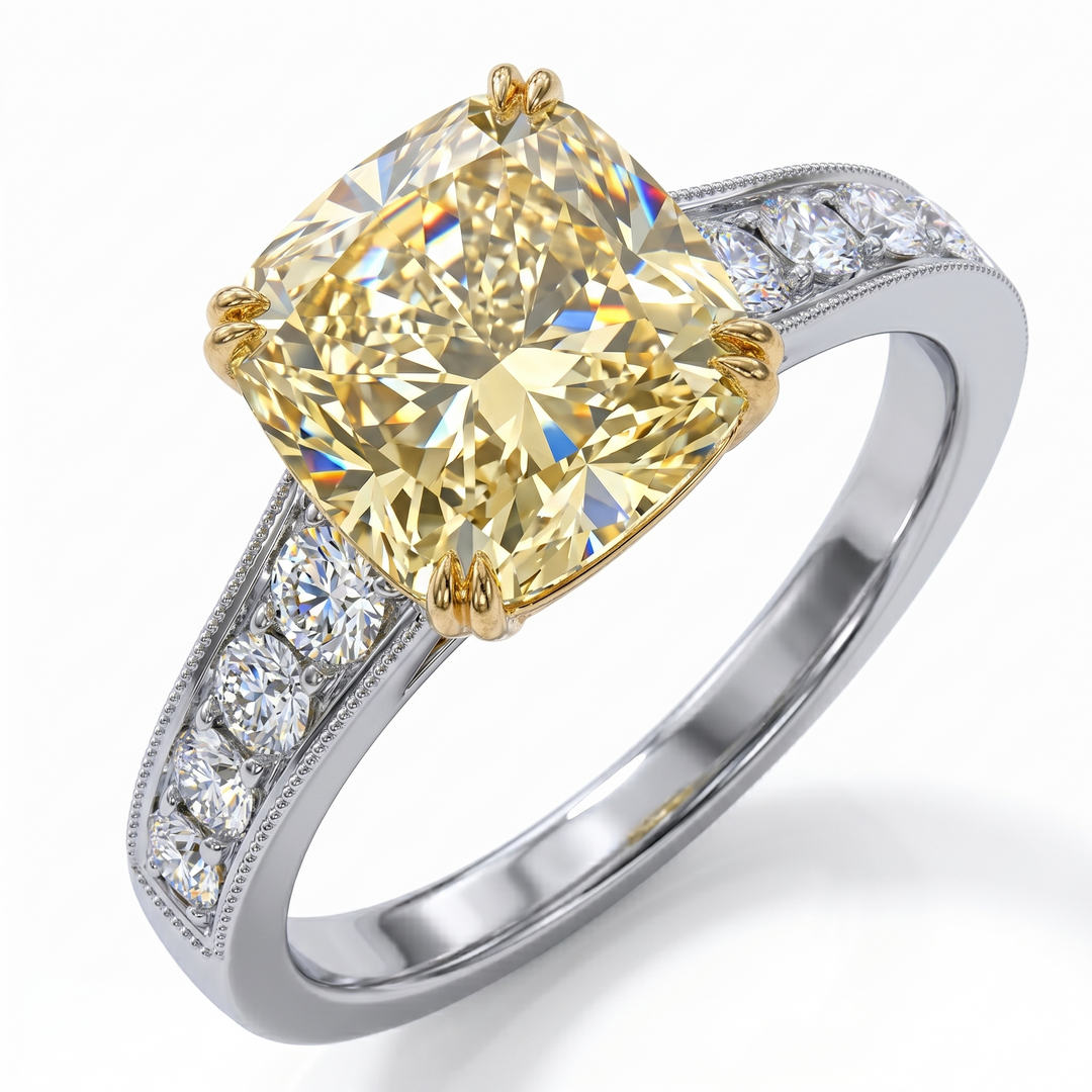 2.10 Ct. Canary Fancy Yellow Cushion Cut Diamond Ring VS2 GIA Certified