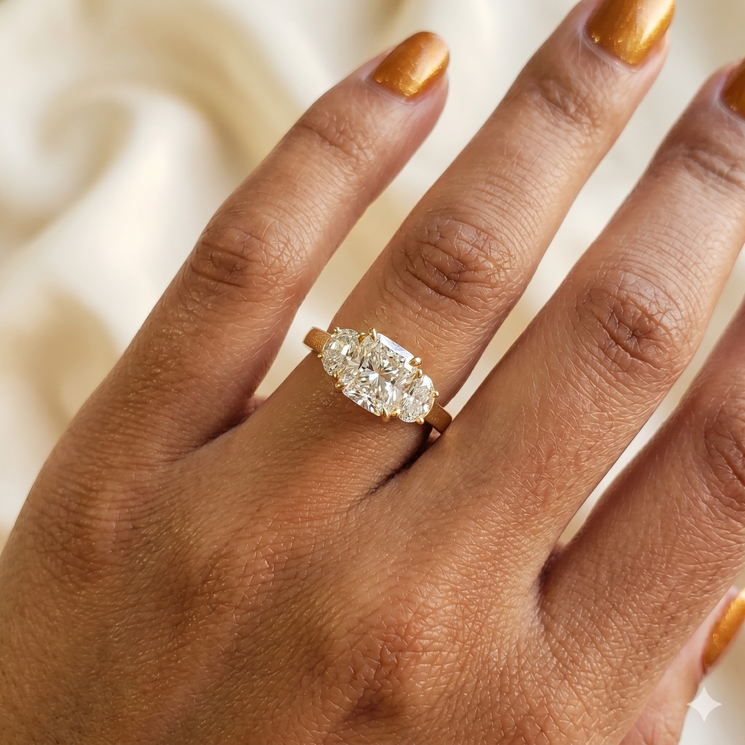 3.60 Ctw 3 Stone Cushion Cut Engagement Ring w Half Moons G Color SI1 GIA Certified
