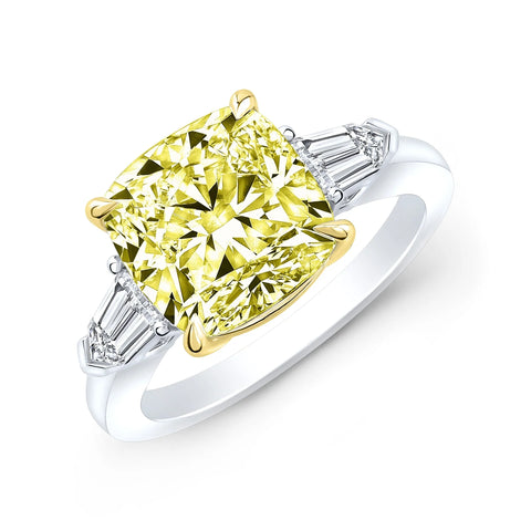 Lab Grown Yellow Cushion & Bullet Cut 3-Stone Diamond Ring VVS2 IGI Certified