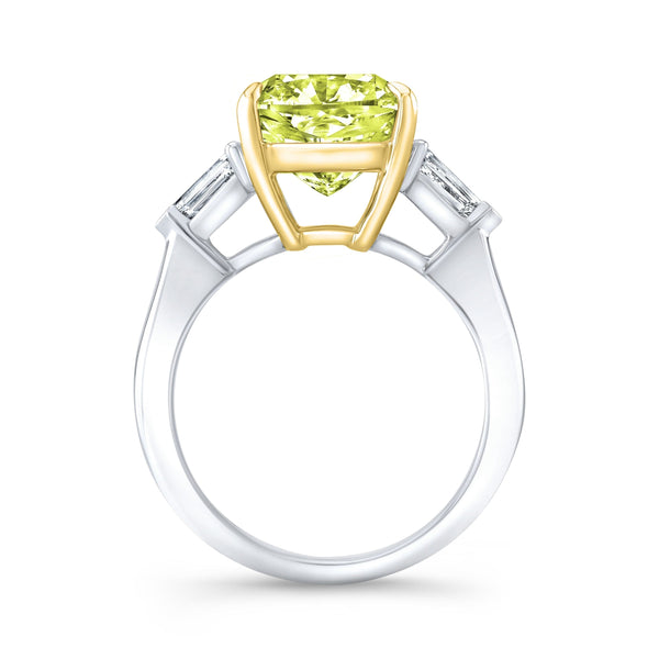 Yellow Cushion & Bullet Cut 3 Stone Diamond Ring Side View