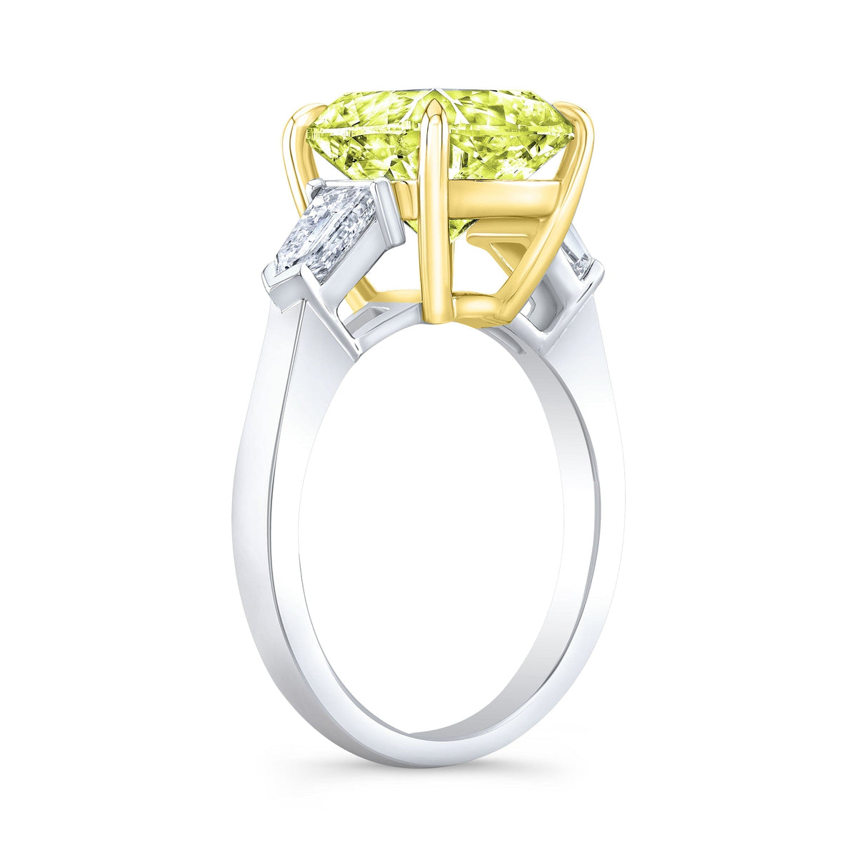 Yellow cushion & bullet cut 3 stone diamond ring profile view
