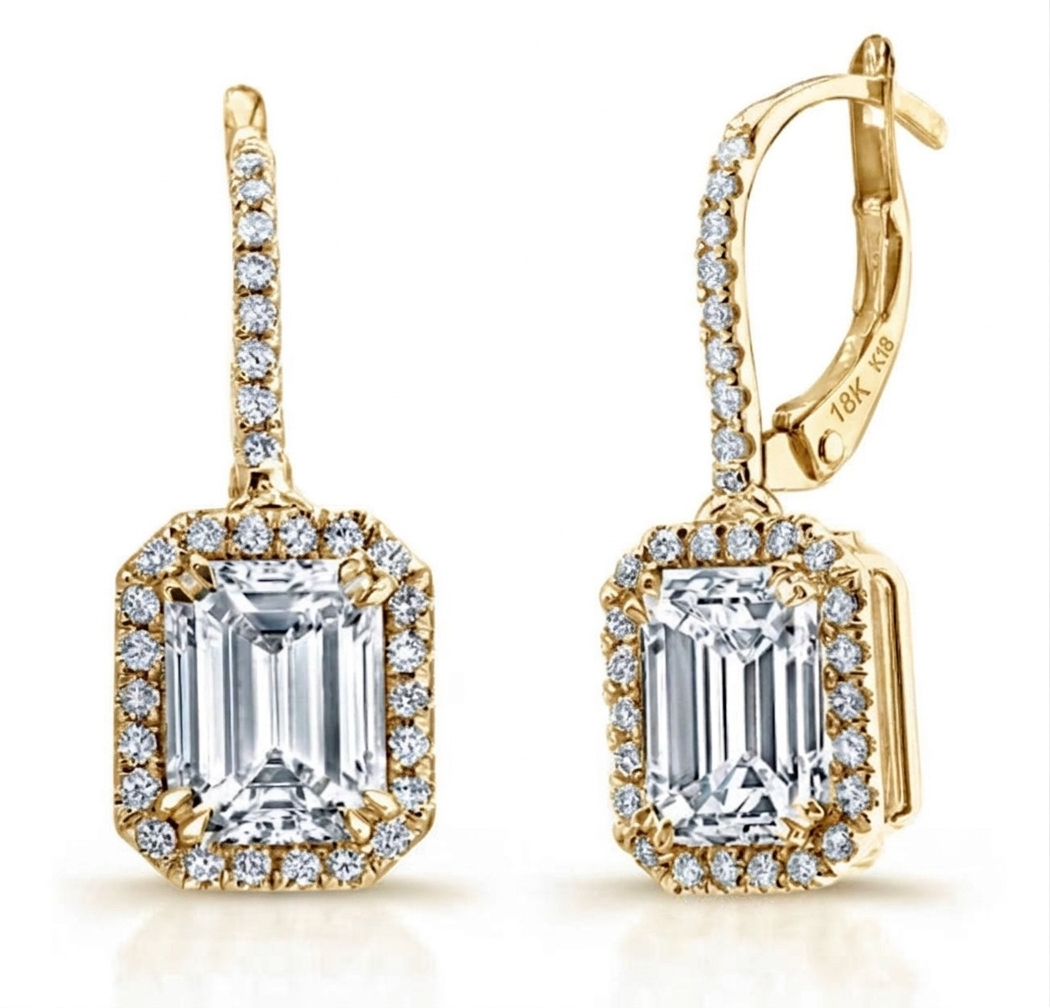 2.50 Ctw Emerald Cut  Lever Back Dangling Halo Earrings GIA Certified