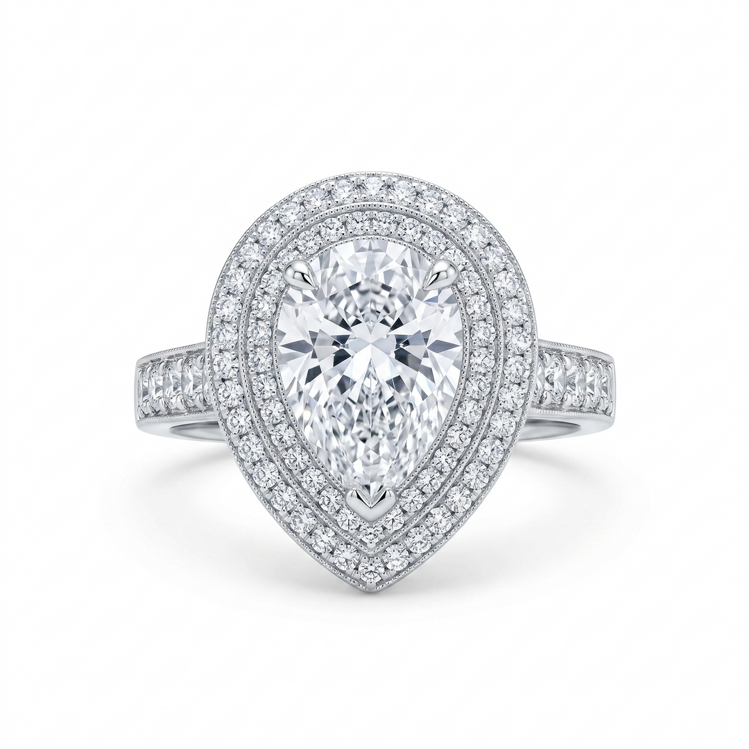 4.25 Ct. Pear Shape Double Halo Hand Carved Diamond Ring G Color SI1 GIA Certified