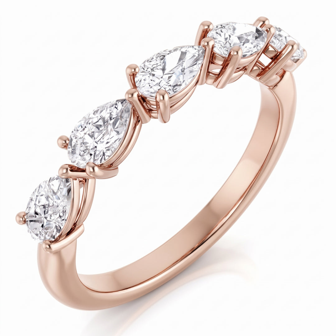 east to west five stone pear cut diamond ring in rose gold  side view