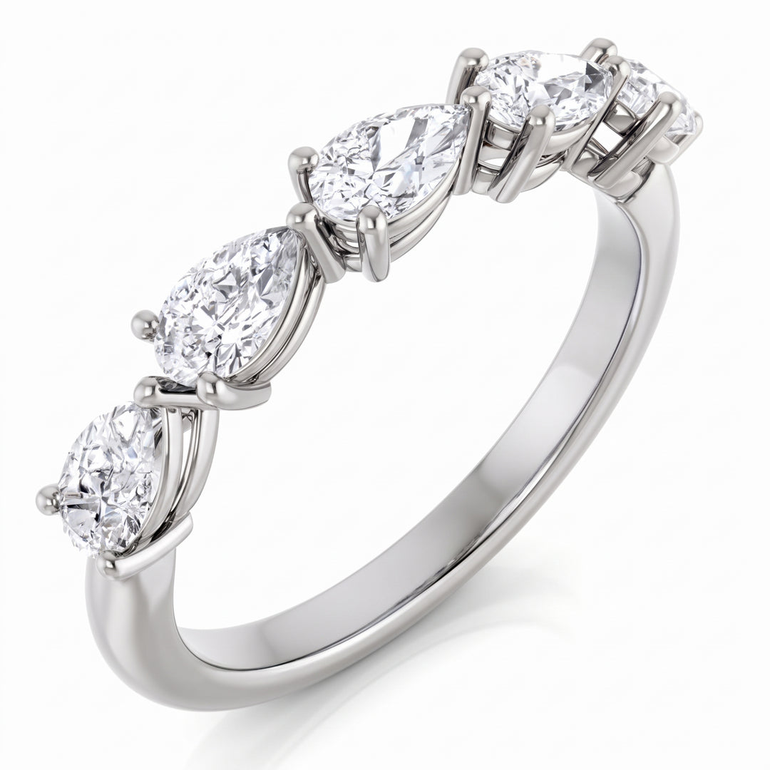 east to west five stone pear cut diamond ring in white gold  side view