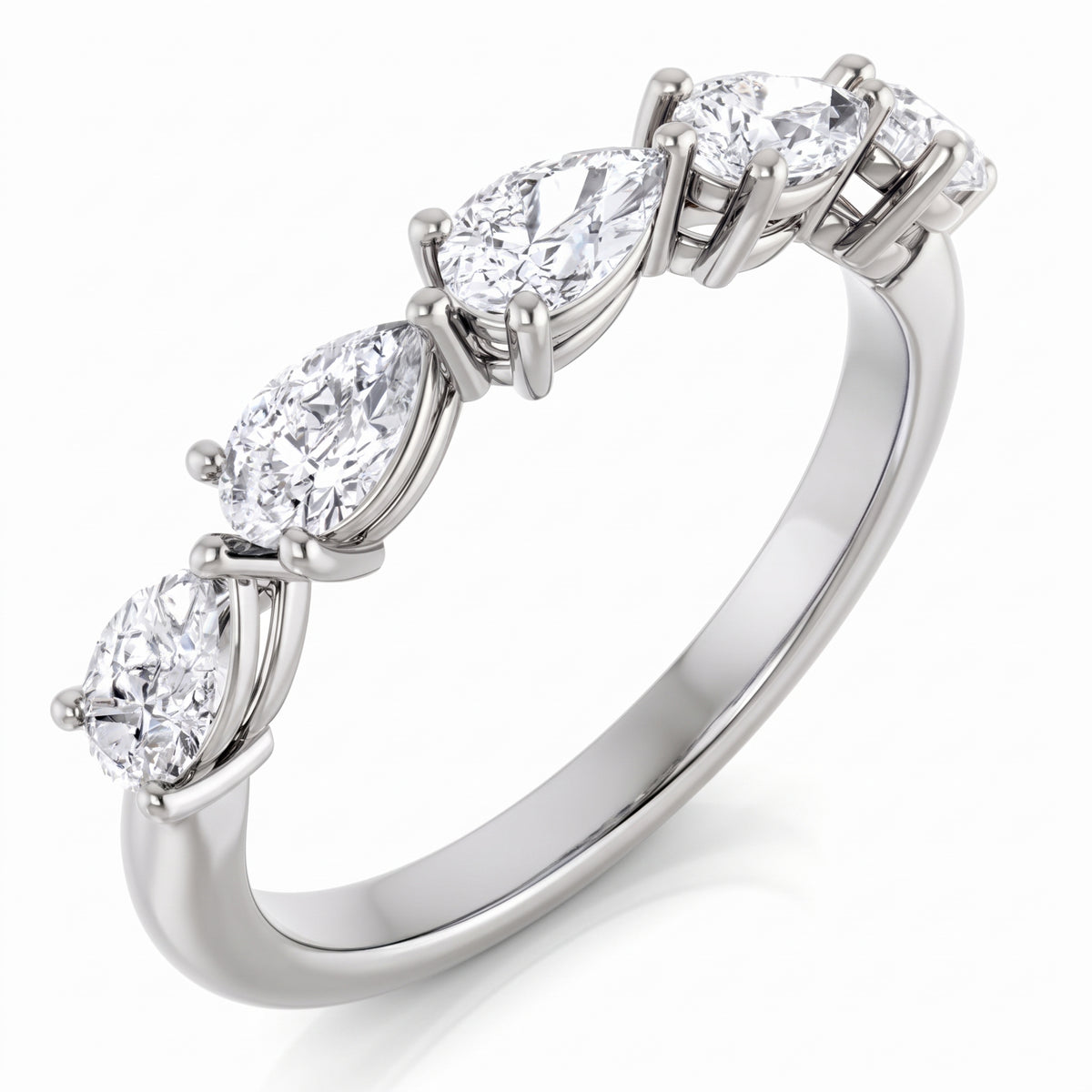 East to west five stone pear cut diamond ring in white gold  side view