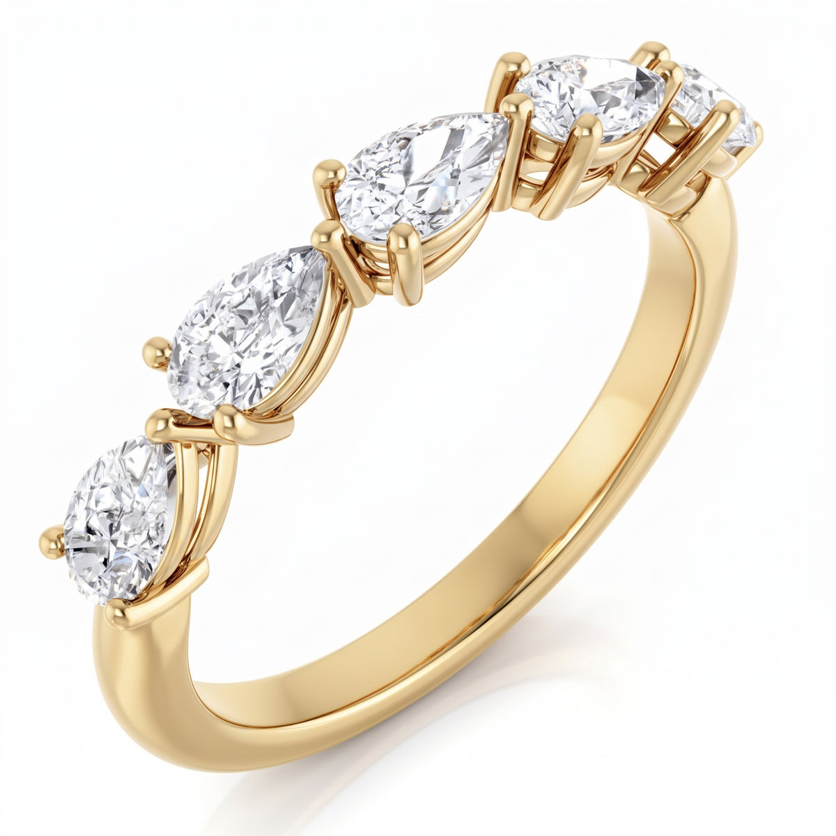 East to west five stone pear cut diamond ring in yellow gold  side view